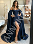 Shop 2026 ANNAKOO Navy A Line Off The Shoulder Satin Prom Dress With Cape Under 169