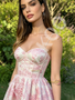 Spaghetti Straps Pink Satin Print A Line Prom Dress