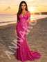 Shop 2026 ANNAKOO Fuchsia Long Sleeve V Neck Lace Trumpet Mermaid Prom Dress Under 189