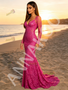 Shop 2026 ANNAKOO Fuchsia Long Sleeve V Neck Lace Trumpet Mermaid Prom Dress Under 189