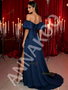 Satin Sweetheart Puffy Sleeve A Line Navy Blue Prom Dress With Slit