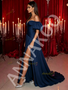Satin Sweetheart Puffy Sleeve A Line Navy Blue Prom Dress With Slit