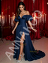 Satin Sweetheart Puffy Sleeve A Line Navy Blue Prom Dress With Slit