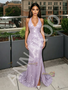 Purple V Neck Sequin Lavender Sheath Column Prom Dress With Slit