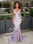Purple V Neck Sequin Lavender Sheath Column Prom Dress With Slit