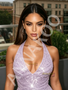 Purple V Neck Sequin Lavender Sheath Column Prom Dress With Slit
