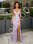 Purple V Neck Sequin Lavender Sheath Column Prom Dress With Slit