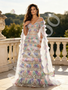 V Neck Ruffles Sequin Ombre A Line Cape Prom Dress 