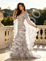 V Neck Ruffles Sequin Ombre A Line Cape Prom Dress 
