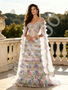 V Neck Ruffles Sequin Ombre A Line Cape Prom Dress 