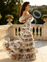 Chic Off Shoulder Puffy Sleeve Layered Sequin Print Prom Dress.