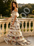 Chic Off Shoulder Puffy Sleeve Layered Sequin Print Prom Dress.