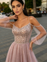 Shop 2026 ANNAKOO Spaghetti Straps Cold Shoulder A Line Pink Long Sleeve Prom Dress Under 259