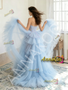 Shop 2026 ANNAKOO Detachable Train Strapless Tulle Flowers A Line Blue Prom Dress Under 298
