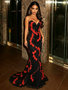 Red Strapless Tulle Trumpet Mermaid Beading Prom Dress