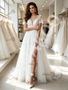 Sheer Scoop A Line Tulle Cap Sleeve Wedding Dress With Slit