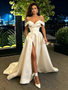 Shop 2026 ANNAKOO Spaghetti Straps Buttons Off The Shoulder Satin Wedding Dress With Slit Under 249