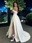 Shop 2026 ANNAKOO Spaghetti Straps Buttons Off The Shoulder Satin Wedding Dress With Slit Under 249