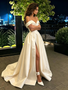 Shop 2026 ANNAKOO Spaghetti Straps Buttons Off The Shoulder Satin Wedding Dress With Slit Under 249