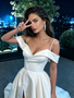 Shop 2026 ANNAKOO Spaghetti Straps Buttons Off The Shoulder Satin Wedding Dress With Slit Under 249