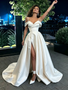 Shop 2026 ANNAKOO Spaghetti Straps Buttons Off The Shoulder Satin Wedding Dress With Slit Under 249
