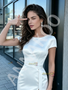 Shop 2026 ANNAKOO Scoop Sheath Column Satin Short Sleeve Wedding Dress With Slit Under 169