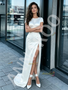 Shop 2026 ANNAKOO Scoop Sheath Column Satin Short Sleeve Wedding Dress With Slit Under 169