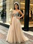 Champagne Strapless Beading Colorful A Line Tulle Prom Dress