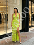 Green Halter Strapless Tassel A Line Prom Dress With Slit