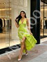 Green Halter Strapless Tassel A Line Prom Dress With Slit