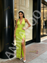 Strapless Tassel Green Halter Prom Dress With Slit