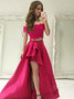 Lace Beading High Low Red Satin Two Piece Off-the-Shoulder Prom Dress