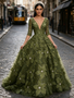 Shop 2026 ANNAKOO Olive Green Half Sleeve V Neck Rose Beading Tulle Prom Dress Under 349