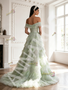 Light Green Tulle Sequin Off The Shoulder A Line Prom Dress