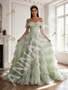 Light Green Tulle Sequin Off The Shoulder A Line Prom Dress