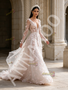 Long Sleeve Sequin Floral V Neck Pink Tulle Prom Dress