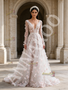 Long Sleeve Sequin Floral V Neck Pink Tulle Prom Dress