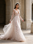 Long Sleeve Sequin Floral V Neck Pink Tulle Prom Dress
