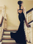 Beading Black Elastic Satin Mermaid Jewel Open Back Prom Dress 
