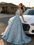 Shop 2026 ANNAKOO Light Blue V Neck A Line Backless Tulle Prom Dress 298