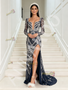 Shop 2026 ANNAKOO Navy Blue Square Long Sleeve Trumpet Mermaid Beading Prom Dress With Slit Under 359