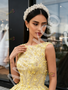 Shop 2026 ANNAKOO Bateau Ball Gown Yellow Tulle Floral Sequin Prom Dress Under 398