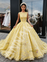 Bateau Ball Gown Yellow Tulle Floral Sequin Prom Dress