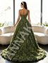  One Shoulder Olive Green A Line Detachable Train Rose Sequin Prom Dress With Slit
