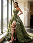  One Shoulder Olive Green A Line Detachable Train Rose Sequin Prom Dress With Slit