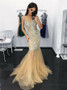 Appliques Sequins Champagne Tulle Mermaid Illusion Neck Prom Dress