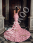 Pink Spaghetti Straps Flower Beading Sweep Train Trumpet Mermaid Prom Dress