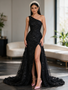 One Shoulder Black Lace Beaded Rose Flower Prom Dress Slit