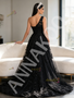 One Shoulder Black Lace Beaded Rose Flower Prom Dress Slit