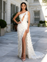 White One Shoulder Cut Out Flower Beading A Line Prom Dress With Slit